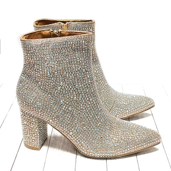 New Women Champagne Gold Rhinestone Glitter Pointy Ankle Boots Booties - Picture 3 of 6
